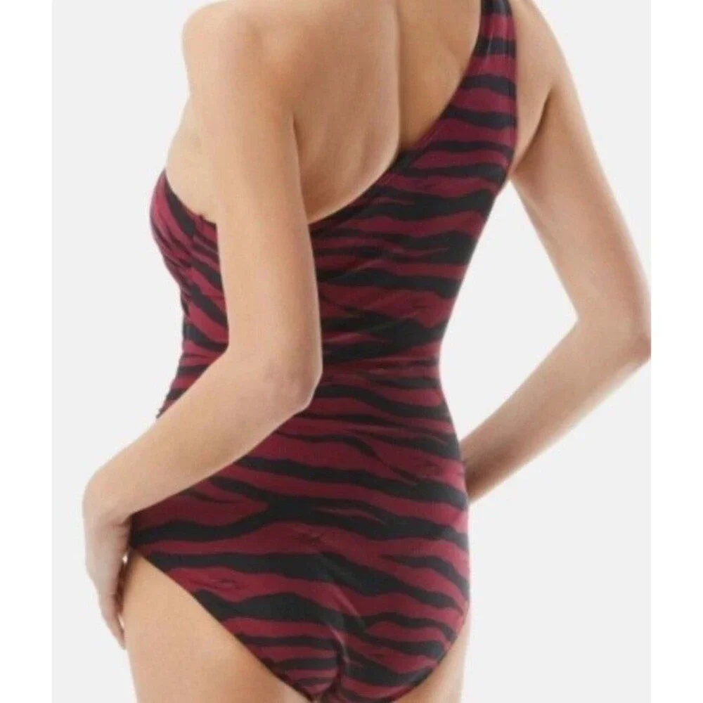 Michael Kors Animal Print One Piece Swimsuit One Shoulder Ruby Black Sz 4 NWT
